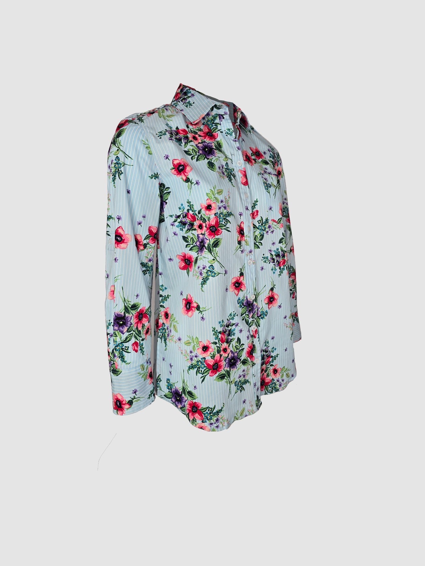 Camisa Azul Rayas Manga Larga con Flores