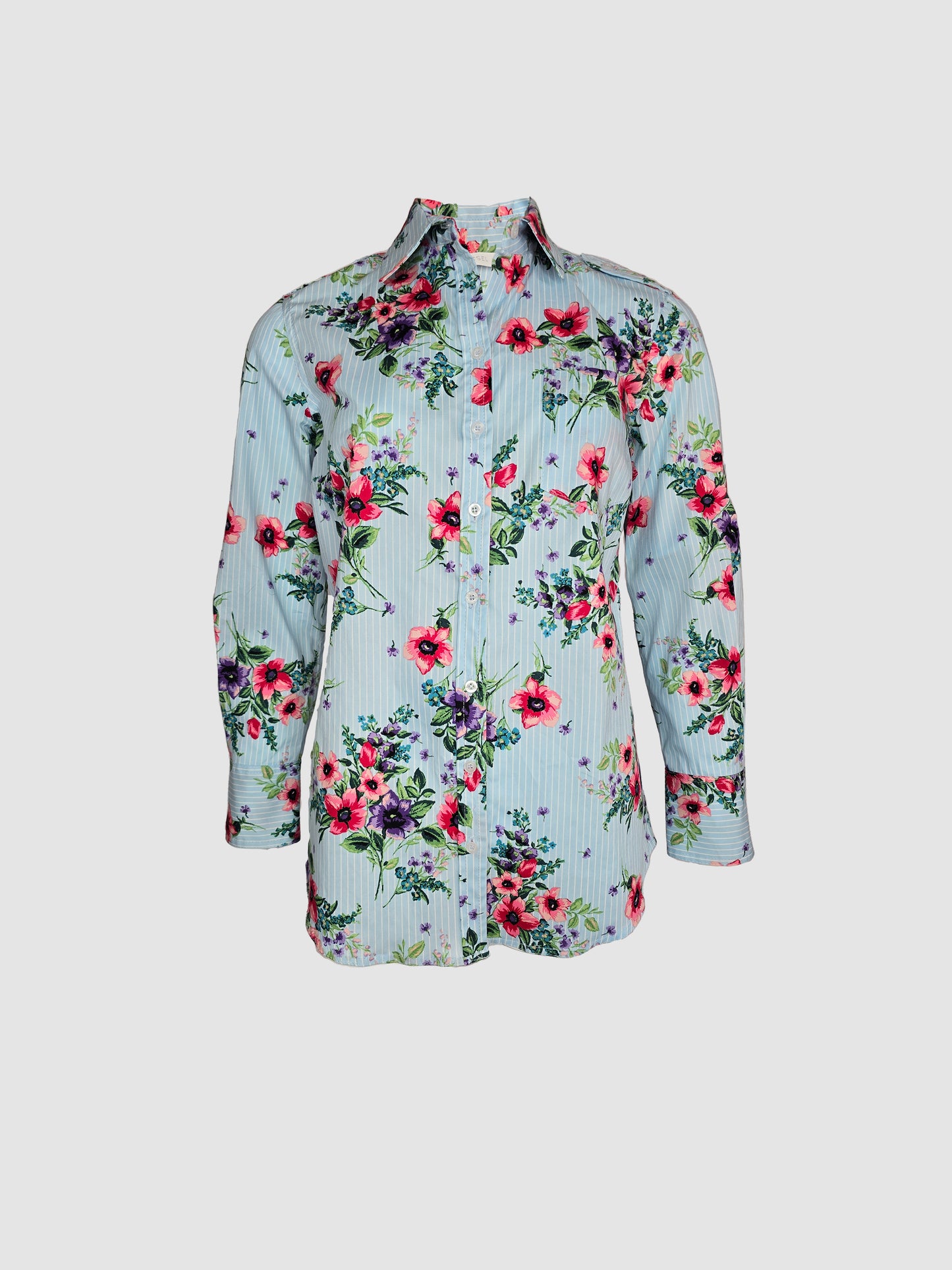 Camisa Azul Rayas Manga Larga con Flores