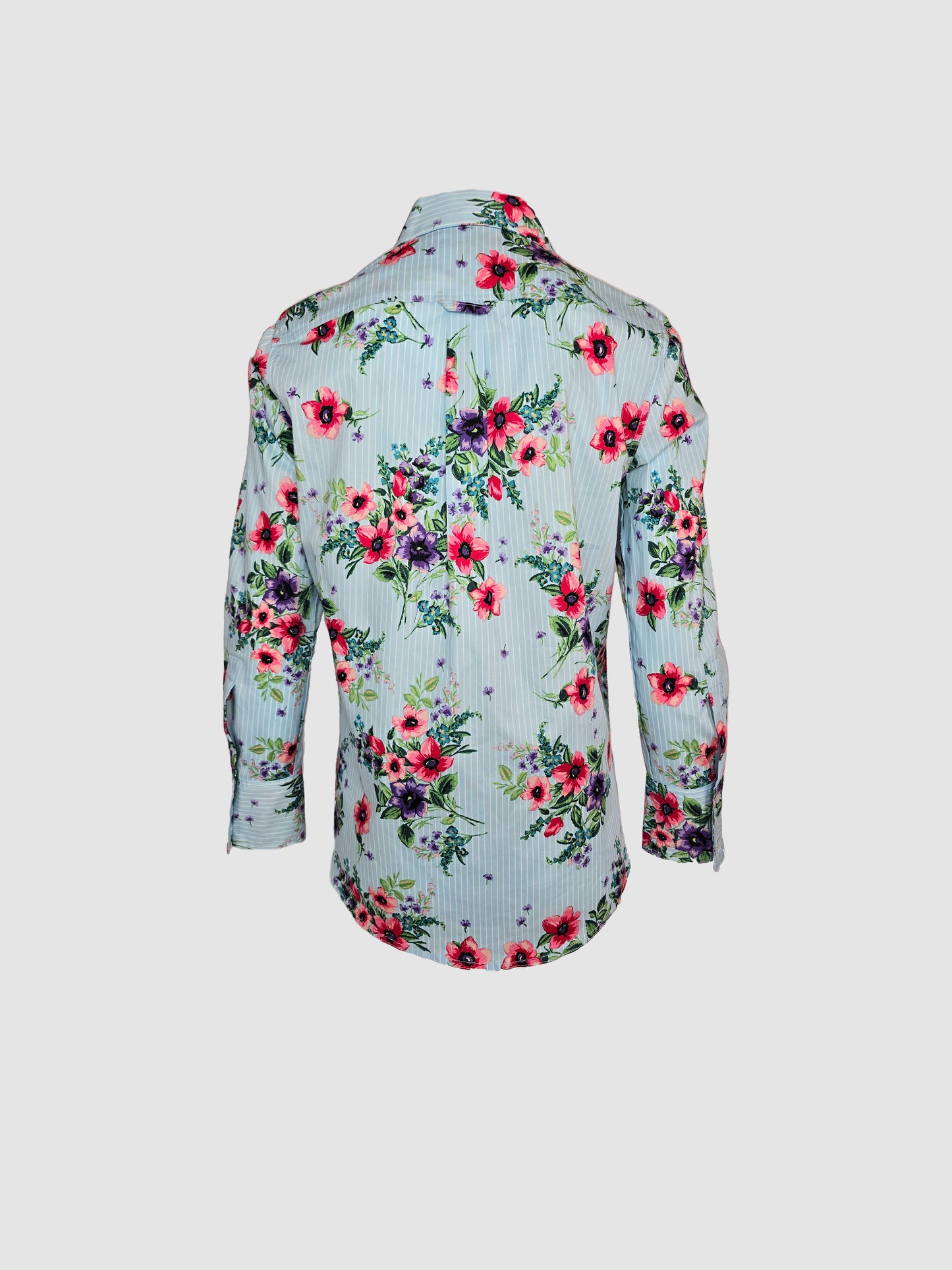 Camisa Azul Rayas Manga Larga con Flores