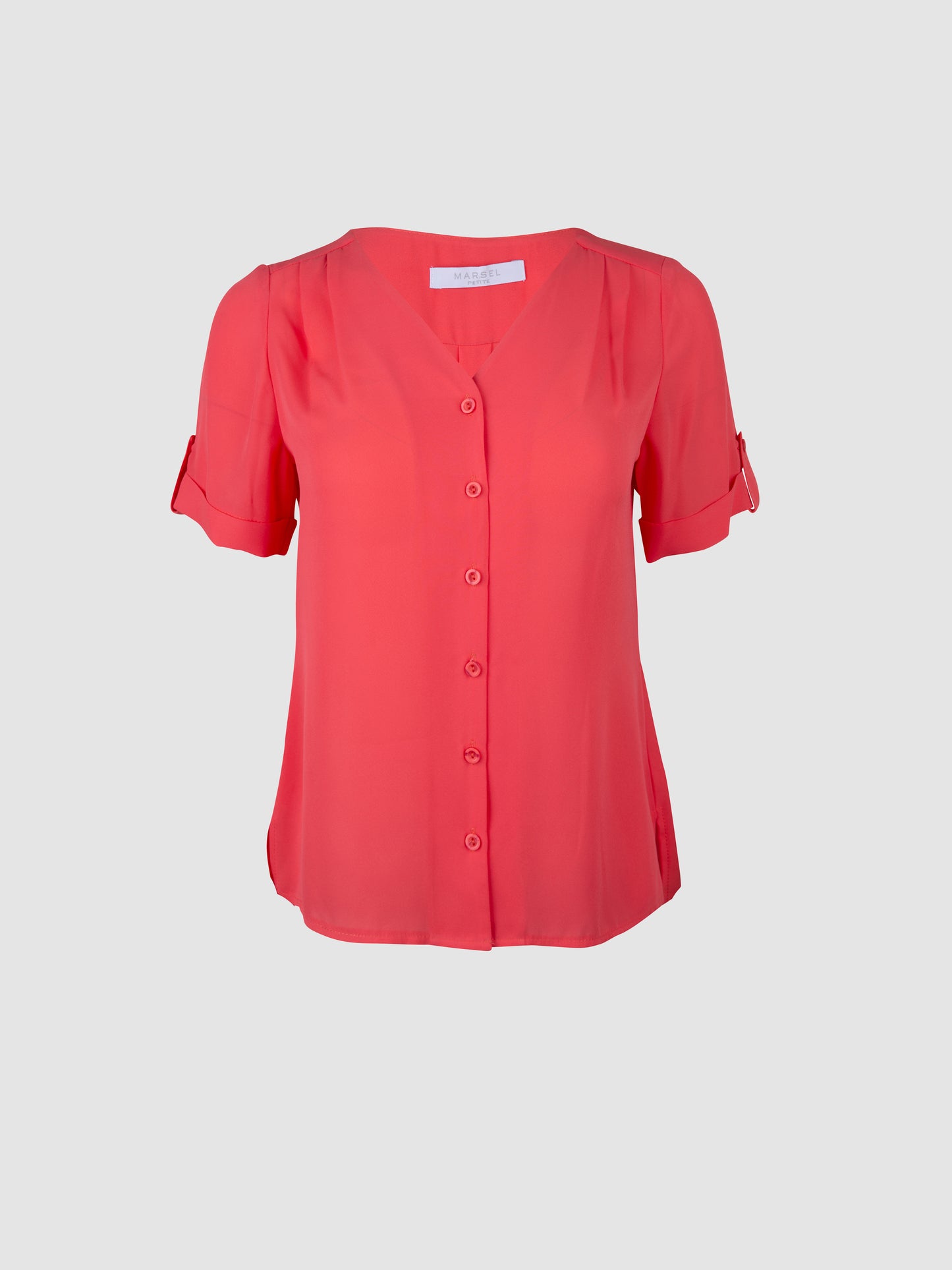 Petite Blusa Coral Manga Corta Con Pliegues en Hombro