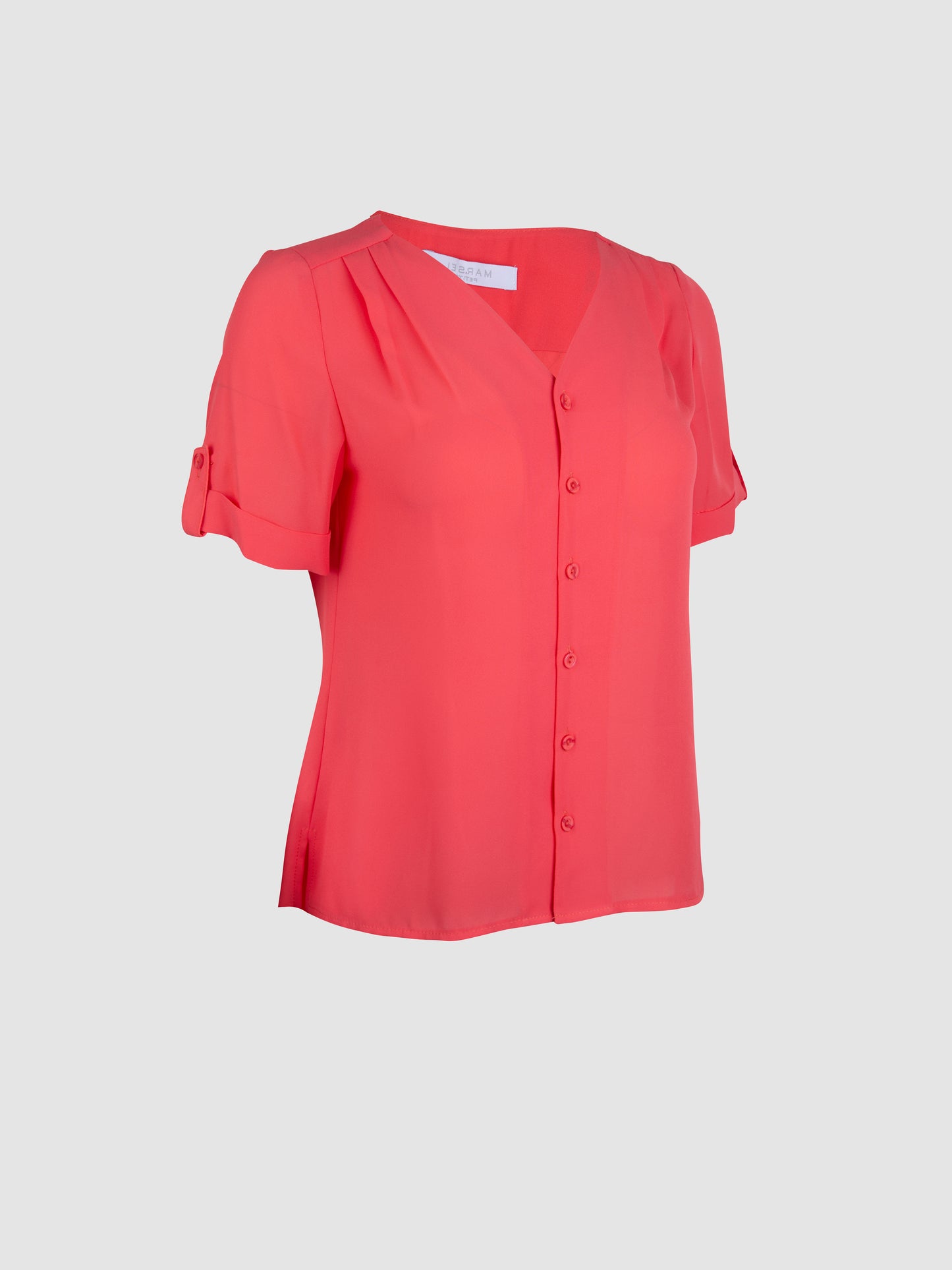 Petite Blusa Coral Manga Corta Con Pliegues en Hombro