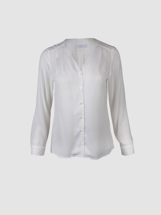 Petite Blusa Blanca Manga Larga con Pliegues en Hombros